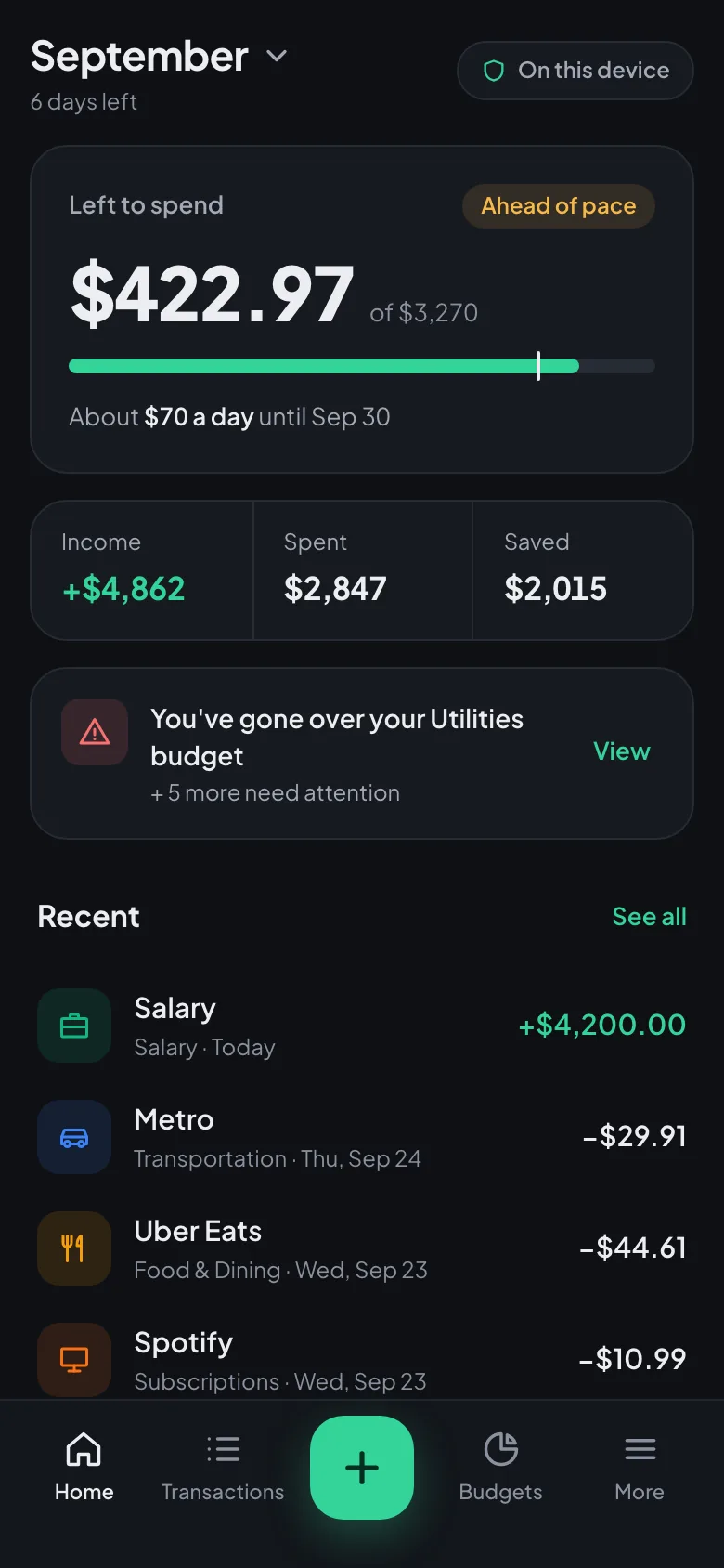 BudgetVault on a phone: $422.97 left to spend this month, an over-budget warning and recent transactions